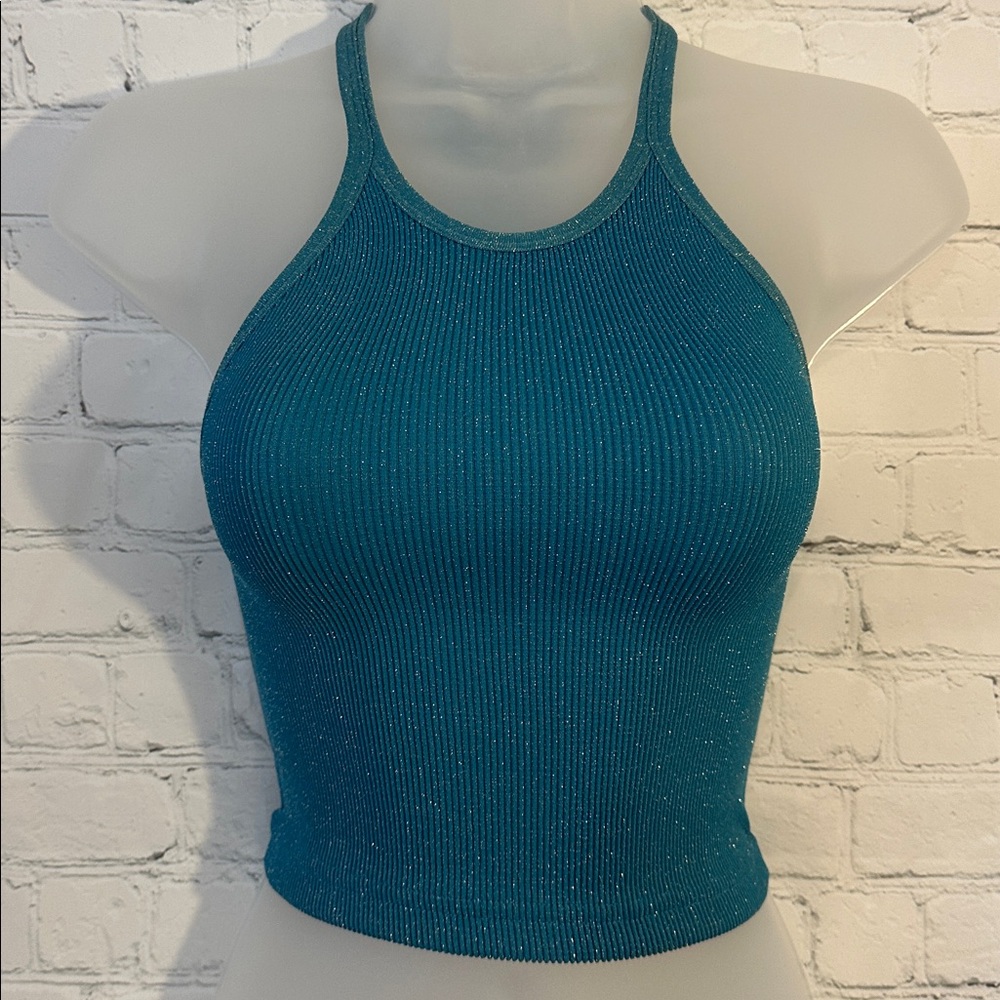Free People Happiness Runs Lurex Ribbed Halter Crop Top